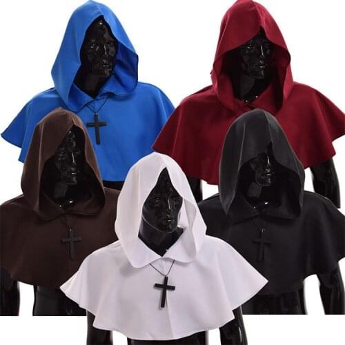 Men Costume Medieval Renaissance Hood Polyester Capelet LARP Mantle Hat Cosplay