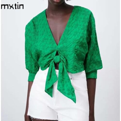 MXTIN 2021 Women Summer Fashion Solid Embroidery Cropped Blouses Elegant V-Neck Short Sleeve Bow Tie Female Shirts Chic Tops