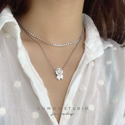 S925 sterling silver necklace with cute lion necklace Thai silver movable three-dimensional texture sweater chain for female