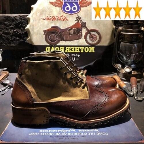 Work Vintage 100% Real Leather Top Shoes Men Lace Up Patchwork Western High Quality Platform Biker Ankle Boots Male