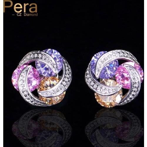 Pera Fashion Rotating Design Ear Cute Jewelry Geometric 3 Round Pink Yellow Purple Crystal Women Prom Party Stud Earrings E333