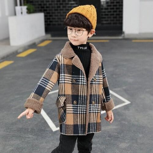 Wool Coat Jacket For A Boy 2021 Autumn New Fashion Plaid Turn Collar Plus Velvet Kids Trench Childrens' Outerwear 2-10T Clothes