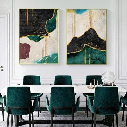 Modern Abstract Green Golden Canvas Painting Marble Texture Lines Poster and Print Minimalist Wall Picture for Living Room Decor