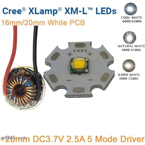 Cree XM-L T6 10W LED Emitter 16mm or 20mm White Aluminum PCB Cool White Neutral White Warm White+ 20mm 5 Mode Dimmable Driver