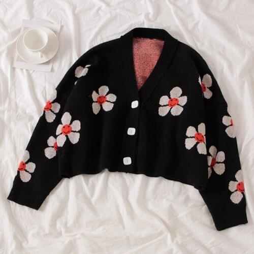 Temperament Knit Cardigans Sweater Women V Neck Loose Thicked Pull Femme Print Short Casual Coat Female Em