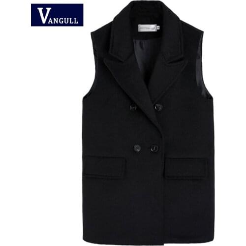 Vangull Casual Turn-Down Collar Vest Women Double Breasted Sleeveless Waistcoat Female Classical Vest Plus Size Loose Black Vest