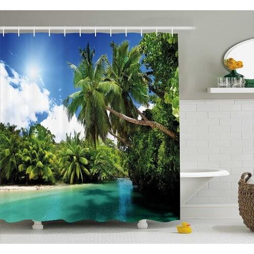 Jungle Shower Curtain Mahe Island Seychelles Lake and Palms with Clear Morning Sky Forest Vacation Bath Curtains For Bathroom