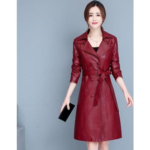 Faux Leather Long Jacket With Belt Women Elegant Fur Collar Washed PU Leather Windproof Coat Casual Windbreaker Chic Outerwear