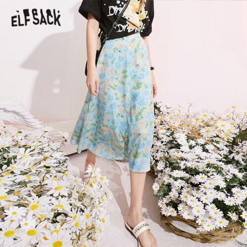 ELFSACK Daisy Floral High Waist Casual Women Midi Vintage Skirts,2021 Summer ELF ,Korean Ladies Basic Daily Bohemia Bottom