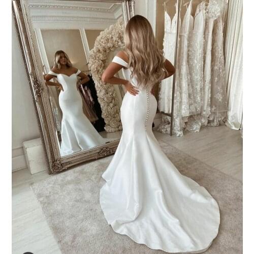 Elegant V-Neck Long Satin Mermaid Wedding Dresses Pleats Custom Floor Length Corset Back Off Shoulder Bridal Gowns for Women