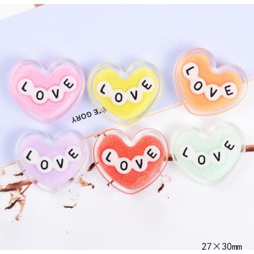 10pcs/lot 27X30mm Kawaii Resin Glitter Heart Shape Flatblack Cabochon For Scrapbooking Craft Kids DIY Decorative Embellishment