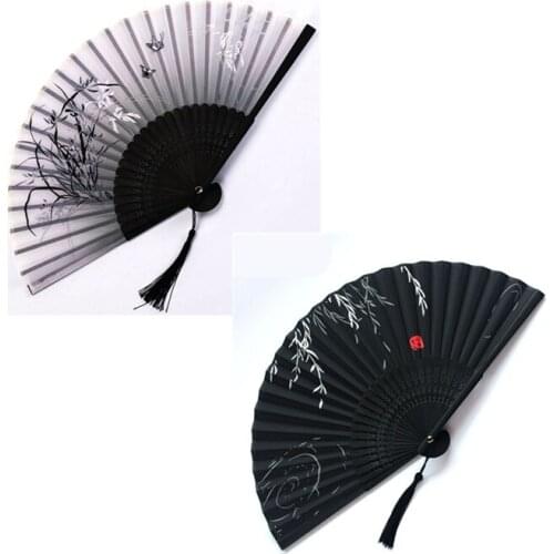 2pcs/set Elegant Female Fan Chinese Japanese Folding Fan Wooden Shank Classical Dance Fan High Quality Tassel Fan