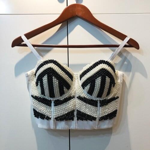 Cupnaya Pearls Black White Stripe Women Sexy Crop Top Spaghatti Strap Bustier Inside Tube Cami Short Corset Bralette BJ117