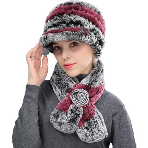 Women Real Rex Rabbit Fur Peaked Caps With Fox Fur Ball Hand-Woven Winter Scarf Warm Soft Hats With A Brim Elegant