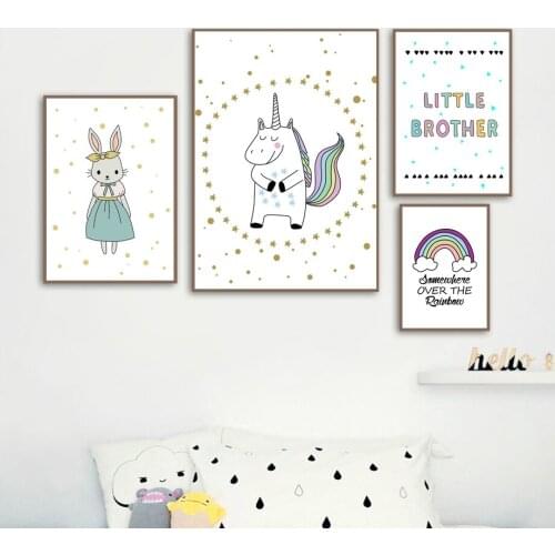 Unicorn Bunny Rainbow Cloud Alphabet Wall Art Canvas Painting Nordic Posters And Prints Wall Pictures Kids Room Nursery Decor