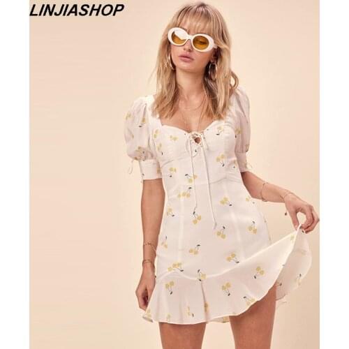 Elegant vintage summer women white dress yellow cherry strap puff sleeve high waist lining silk-like beach mini dress girls