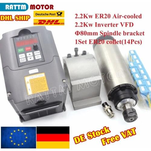 『EU Free Ship』2.2KW ER20 Air Cooled Spindle 220V & 2.2kw Inverter VFD & 80mm Bracket & 14Pcs ER20 Collets for CNC Router Machine