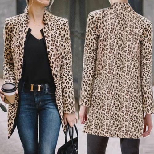 Hot Sale Fashion OL Work Wear Mid-length Jackets Vintage Leopard Printed Jacket Tops Women Autumn Blazers Long Sleeve Sexy Coats