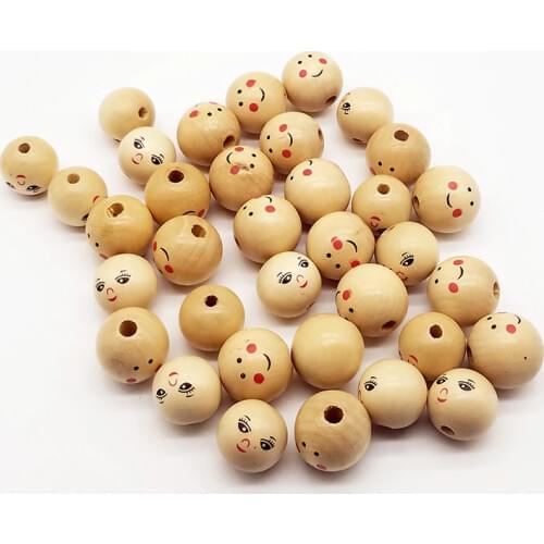 20pc/lot Natural Wood Natural Ball Round Spacer Wooden Beads Eco-Friendly Lovely Girl Smiling Face Wood Bead Jewelry Findings