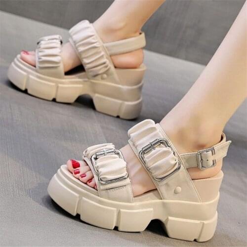 Summer Gladiators Womens Cow Leather Platform Wedge Sandals High Heel Open Toe Strap Buckle Party Pumps