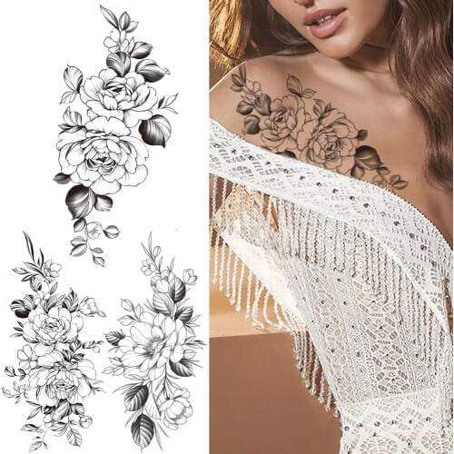 Lily Sweatpea Flower Temporary Tattoo For Women Black Camellia Tattoos Sticker Painting Daisy Chest Clavicle Floral Fake Tatoos