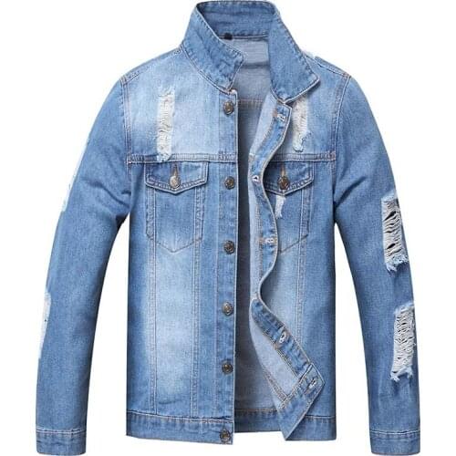 Mcikkny Mens Ripped Casual Denim Jackets Coats Solid Color Pleated Jeans Jackets For Male Size S-2XL