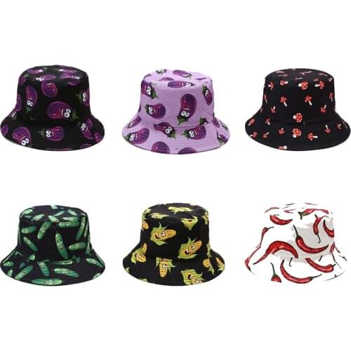 2021 Creative Printed Vegetable Bucket Hat Two Side Reversibale Eggplant Pepper Corn Design for Women Summer Leisure Panama Hat