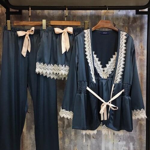 Pajamas For Women 4 Pieces Pajamas Set Women Sleepwear Sexy Robe Set Silk Satin Lace Female Pijama Elegant Silk Pyjama Home Wear