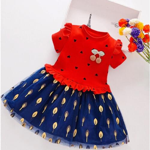 Girls Dress 2021 Summer New Kids Floral Candy Color Short-Sleeved Stitching Mesh Princess Dress 2-7 Years Old Childrens Wear