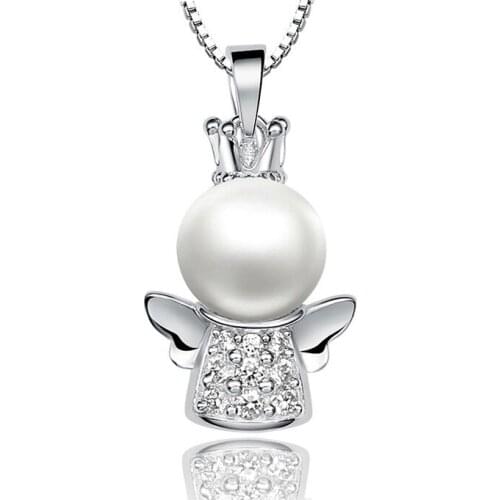 Silver natural Round Pearls pendant angel charm necklace with 18inch 925 sterling silver box chain fine jewelry for girl women