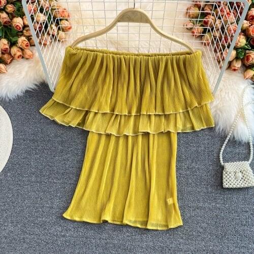 One-shoulder Chiffon Shirt Short-sleeved Womens Summer New Korean Version of the Pleated Ruffled Pleated Off-shoulder Top