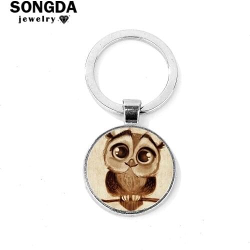 SONGDA Cartoon Big Eyes Fluffy Animal Owl Keychain Fashion High Quality Brand Glass Cabochon Gem Metal Key Ring Gifts for Women
