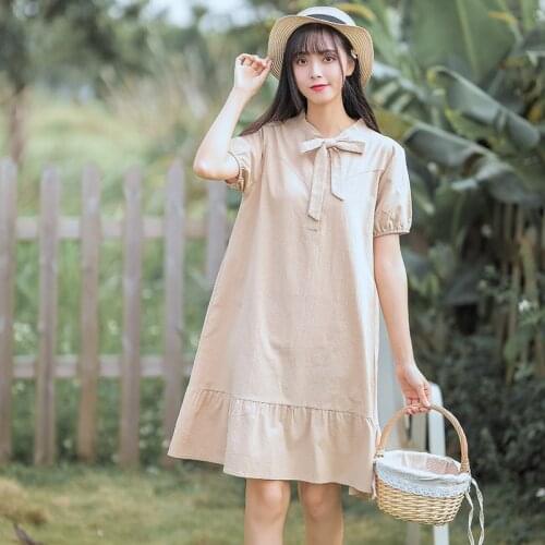 Mori girl plus size vintage dress 2019 summer fashion short sleeve bow cotton linen khaik dress