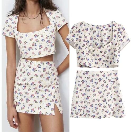 WESAY JESI Summer Skirts Womens 2021 Mini High-Waisted Skirt Fashion Elegant A-Line Flower Print Chic Slim Split Ladies Clothing