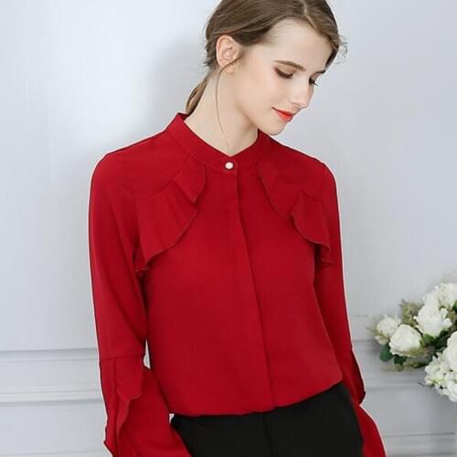 Korean Leisure Chiffon Shirt Spring Summer Long Sleeve Women Blouse Office Lady Stand Collar Fashion Pure Color Bottom Top H9108