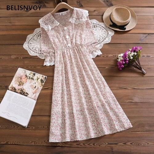 Retro Floral Printed Elegant Dresses Women Spring Female Long Sleeve Peter Pan Collar Lace Chiffon Midi Dress A-line Vestidos