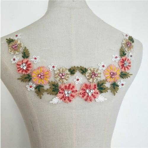 1Pc Colorful Pink Rhinestone Beaded Flower Lace Beads Applique Trim Wedding Dress Sewing DIY Type Available