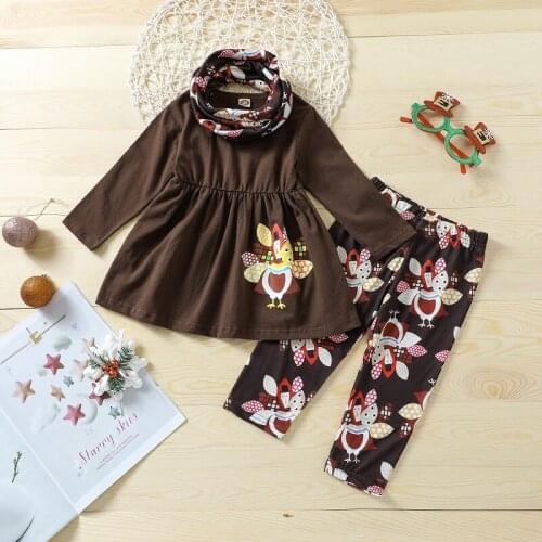 3PCS Set Thanksgiving Kids Baby Girl Long Sleeve Shirt Tops Leopard Print Pant Legging Scraf Outfits Holiday Party Clothes