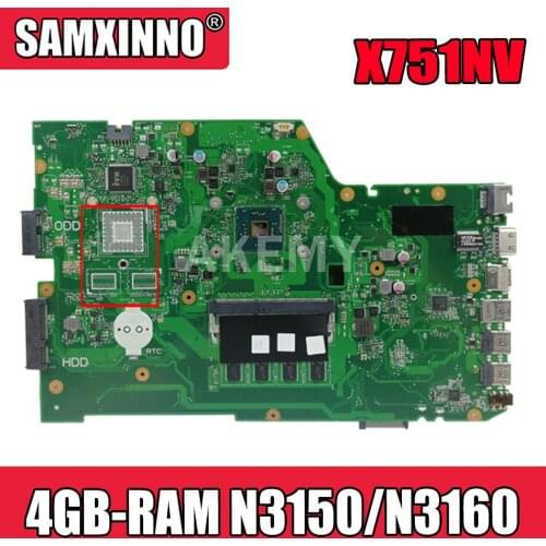 Akemy X751NV original mainboard for ASUS X751NA X751N Laptop motherboard X751NV mainboard with 4GB-RAM N3150 / N3160