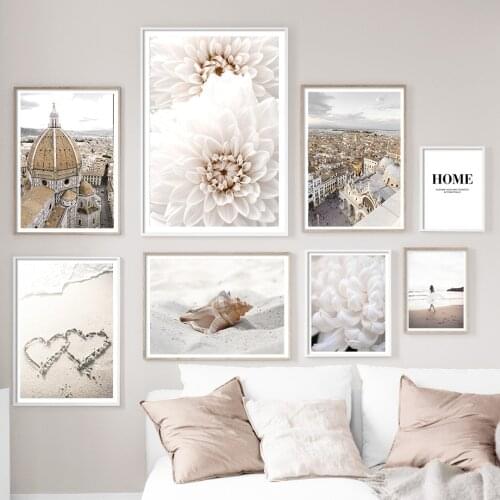 Beige Beach Shell Girl Dahlia Building Nordic Posters And Prints Wall Art Canvas Painting Wall Pictures For Living Room Decor