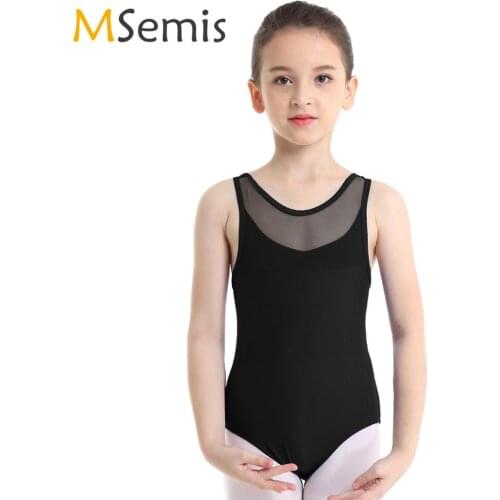 Kids Girls Ballet Leotard Costume Mesh Splice Criss-cross Cutout Back Ballet Leotard Bodysuit Gymnastics Swimsuit for Dancing