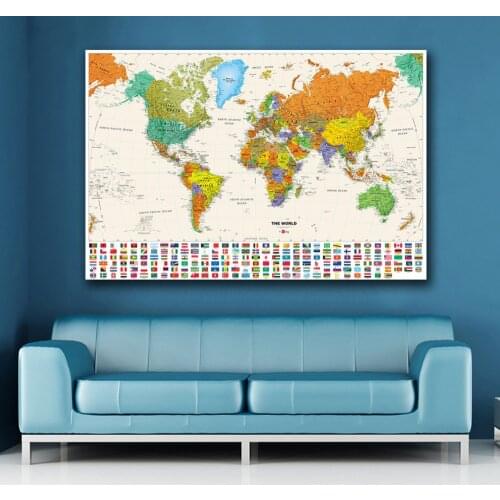 Colorful World Travel Map With National Flag Poster Size Wall Decorations Large Map Of The World 60x80cm Waterproof Canvas Map