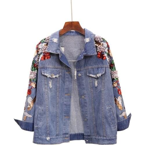 Autumn Fashion Heavy Work Beading Sequins Denim Jacket Women Loose Long Sleeve Short Outerwear Frayed Jeans Jacket Coat Female