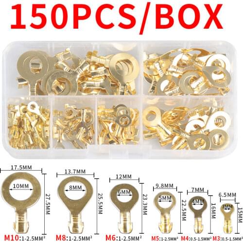 150PCS M3/M4/M5/M6/M8/M10 Ring Lugs Eyes Copper Crimp Terminals Connector cable Lug Copper Tab Wiring Nose Combination set Diy