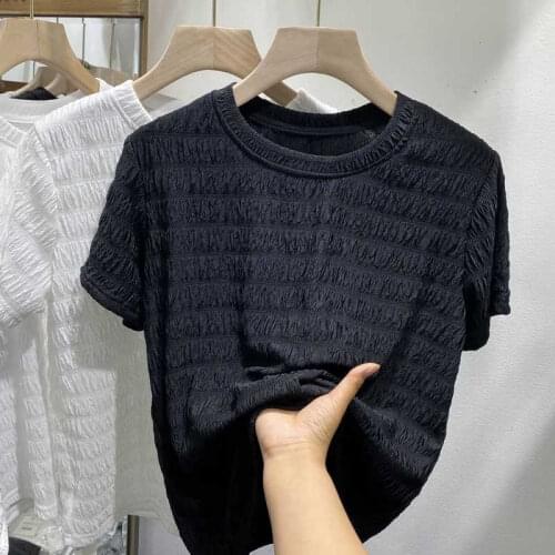 Fashion Round Neck Short-sleeved T-shirt Top Women Summer New Style Pleated Bottoming Shirt