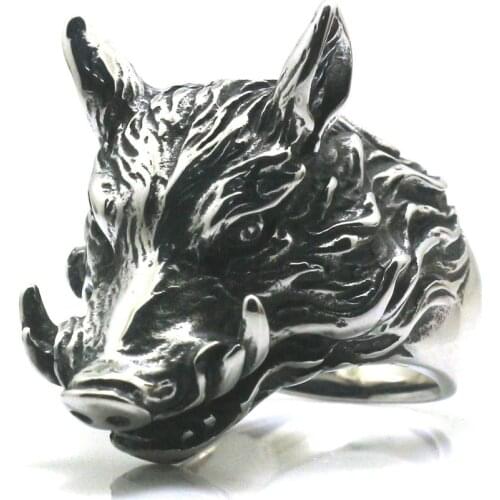 Size 7 to Size 15 Mens Boys 316L Stainless Cool Punk Gothic Wild Boar Hunting Ring