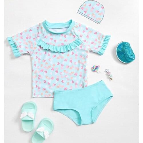 New Short Sleeve Girls Swimsuit Cyan Pink Print Kids Swimwear Set Bathing Suit Upf 50+ Beach Swimming Suit for Child 2021 Summer
