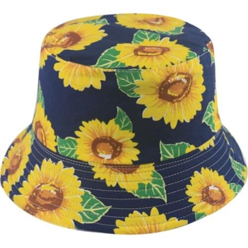 New Fashion Spring Summer Black Floral Fisherman Caps Panama Bob Sunflower Print Bucket Hat For Women Mens