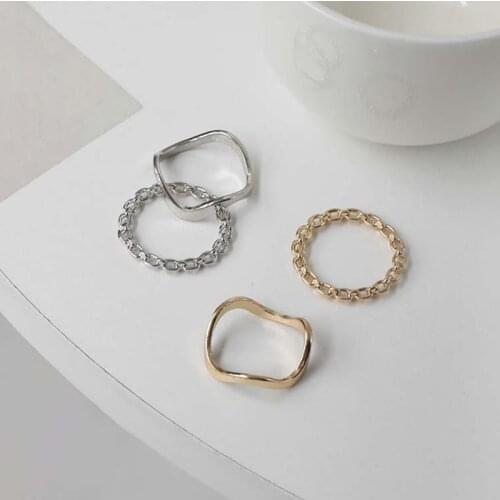 Simple Design 2-Piece Geometric Chain Metal Ring Fashion Punk Gold Silver Color Ring Accessories Creative Party Jewelry Gift