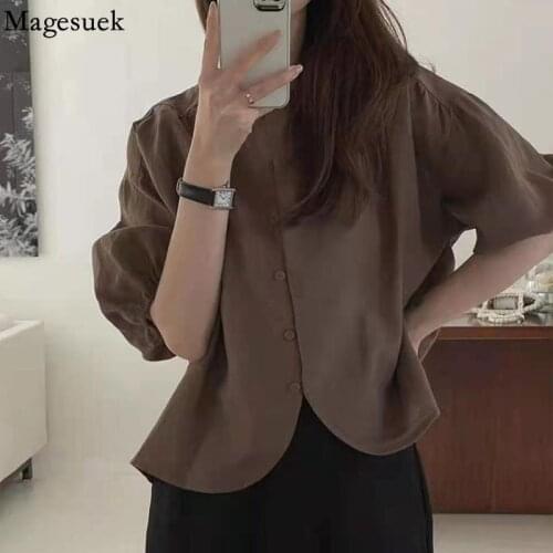 French Vintage Simple Womens Shirt O Neck Summer Cotton Blouses Loose Casual Short Sleeve Fashion Korean Shirts Blusas 15904